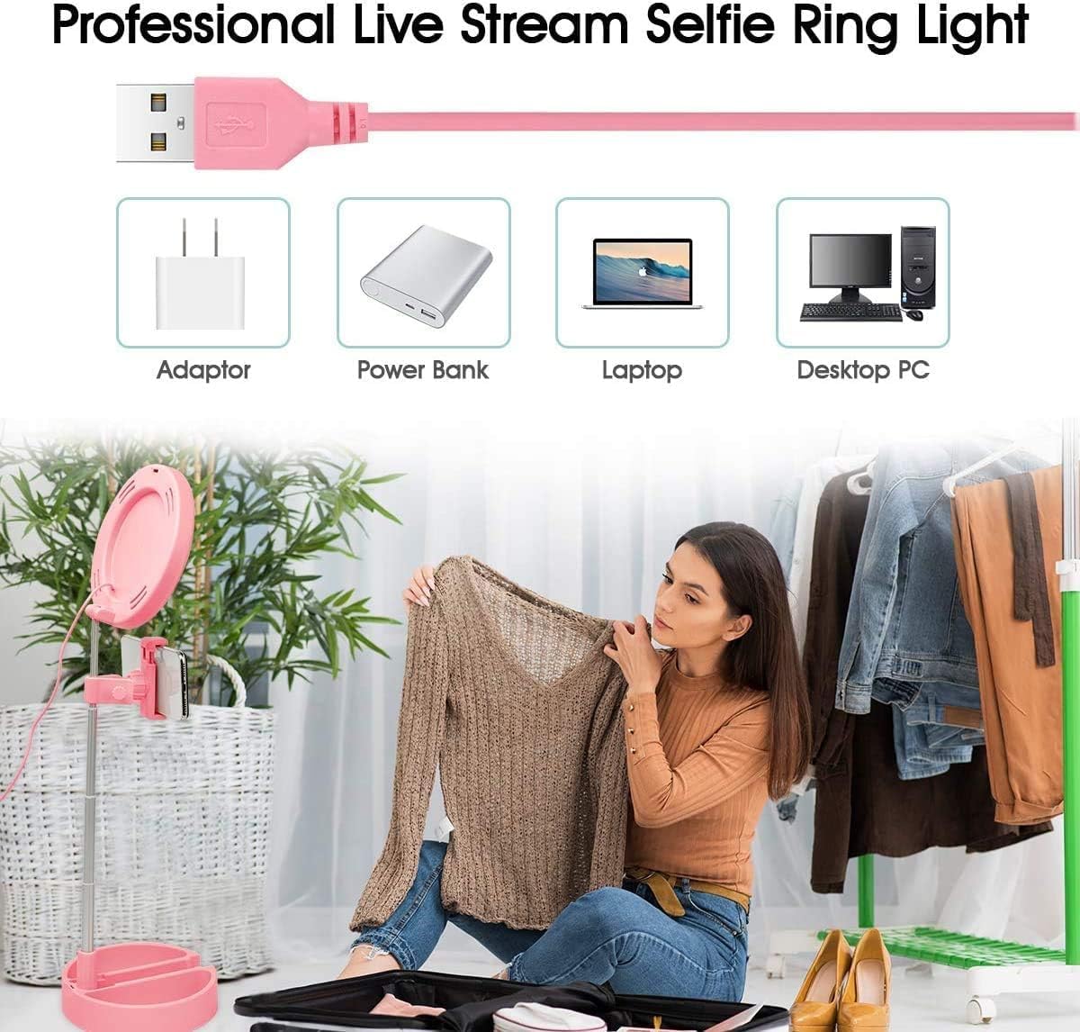 Makeup Mirror with Mobile Phone Holder and Led Ring Light